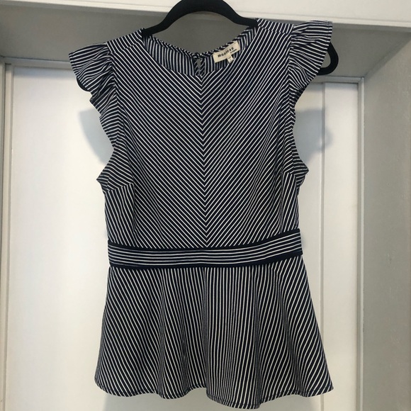 Navy and white striped top with ruffle shoulder. - Picture 1 of 6
